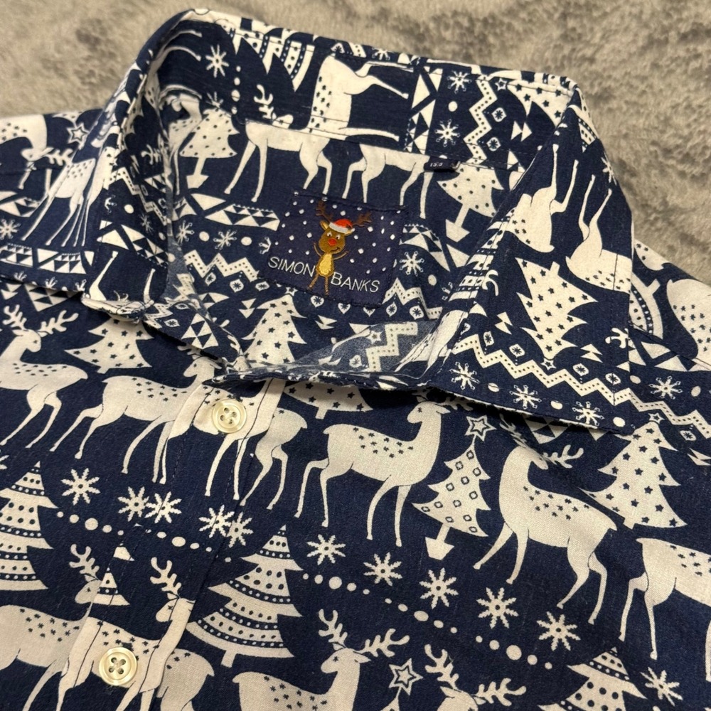 Simon Banks Christmas Reindeer Tree Print Long Sleeve Button Down‎ Shirt Sz M